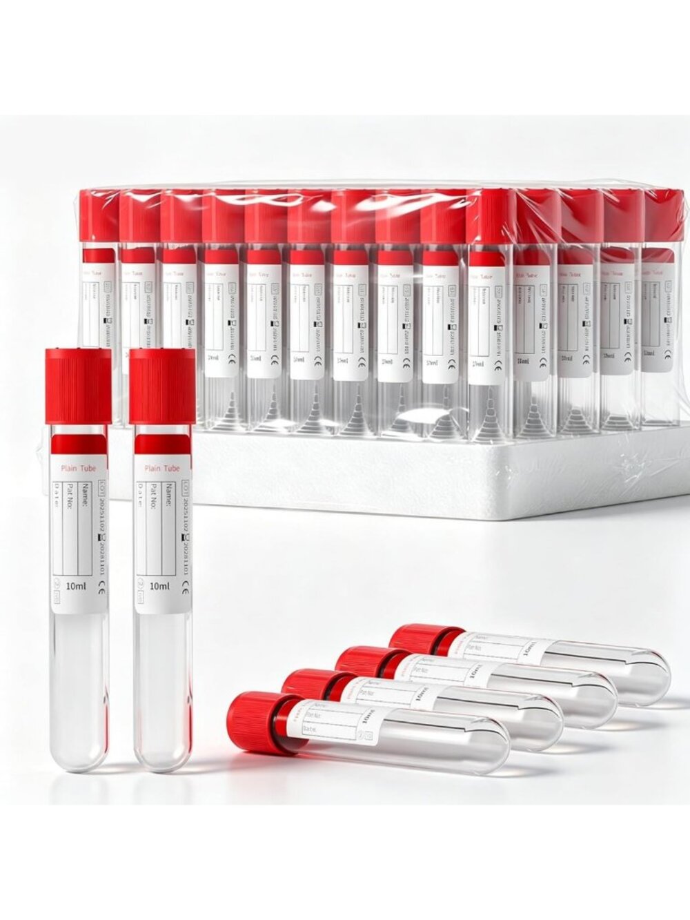 100 Pcs 10ml Clear Plastic Tubes with Red Caps - Lab Storage & Sample Containers